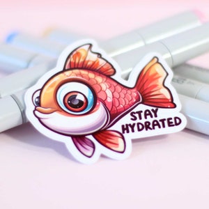 Adesivo de peixinho dourado para se manter hidratado, adesivo fofo de animal de peixe, adesivo engraçado para lembrete de bebida, decalque para garrafa de água, copo, garrafa de água à prova d'água