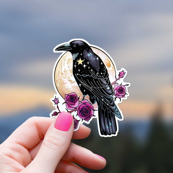 Raven Moon Roses Sticker Witchy Crow Decal Black Bird Mystical Laptop Decoration Witch Craft Pagan Gift Magic Nature Woman Gothcore Witchore