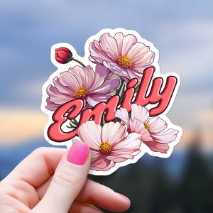 Personalizado octubre mes de nacimiento flor pegatina Cosmos impermeable naturaleza amante regalo para niña nombre personalizado decoración botánica jardinero