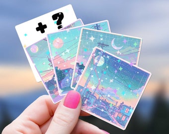 Juego de pegatinas de anime con paisajes de baja fidelidad, paquete de calcomanías de estrellas holográficas con estética de ondas de vapor, paquete japonés con brillo pastel, botella de agua con vibraciones de ensueño