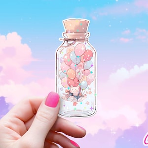 Adesivo de voo de balão em uma jarra, decalque estético fofo de kawaii, arte de estilo estético de anime de desenho animado, capa de telefone de vinil à prova d'água para laptop e Kindle