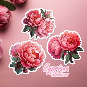 Set von Pfingstrose Aufkleber 3 wasserdicht Vinyl botanische Blume Aufkleber Natur Liebhaber Gärtner Geschenk für Mädchen Blumenbevorzugungen, Blumenmädchen