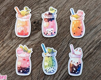 Boba Tea Stickers Set 3 Bubble Tea Pack 2.5" Cute Anime Drinks Sticker Bundle Kids Journal Sticker Sheet Fruits Japanese Snacks Kawaii