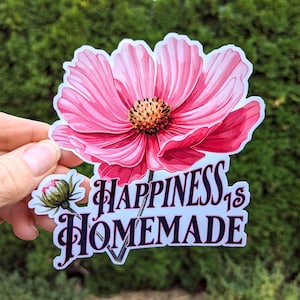 Sticker Geluk is zelfgemaakt, sticker positiviteit zelfzorg kosmosbloem, sticker grappig gezegde waterdichte sticker motiverende bloemen