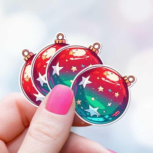 Red Green Christmas Ball with Stars Stickers 4 Pack Holiday Package Decal Bundle Cartoon Ornament Stocking Stuffer Gift Envelope Seal Set