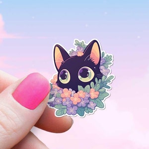 Adesivo de gato preto espiando para fora das flores, decalque estético fofo de kawaii, arte chibi de anime de amantes de gatinhos, garrafa de água para laptop Kindle, à prova d'água