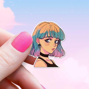 Adesivo de menina anime dos anos 80, decalque retrô atrevido, decoração fofa de moças de mangá, adesivos coloridos de animação japonesa para garrafas de água, decalque de vinil nostálgico