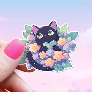 Schwarze Katze im Blumen-Leseaufkleber, niedlicher Kawaii Ästhetischer Aufkleber, Bücherwurm Kitty Liebhaber, Chibi Anime Feline Buchaufkleber, wasserdichtes Vinyl