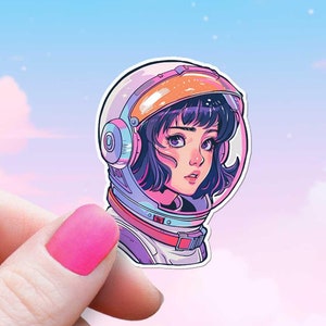 Pegatina de chica astronauta, calcomanía de anime con casco espacial de mujer, chicas en STEM, dama científica de galaxia cósmica, cosmonauta interestelar de anime futurista