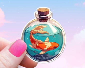 Koi Fish in a Round Bottle Sticker, Cute Kawaii Goldfish Aesthetic Decal, World in a Jar, Anime for Laptop, Kindle Phone Waterproof Vinyl