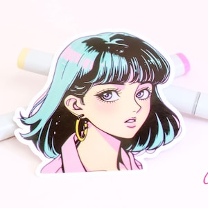 Adesivo grande de anime dos anos 80, decalque de cabelo azul e preto, decoração fofa de moças de mangá, bishōjo animação japonesa nostálgica garrafa de água vinil