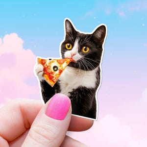 以下が含まれることがあります： ピザを食べる、黄色い目の白黒猫のステッカー。ピザには赤いソース、チーズ、オリーブが乗っています。背景はピンクと青です。