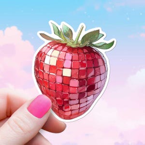 Sticker disco aardbei, schattige glamoureuze glanzende discobal kunst sticker, levendige rode mirrorball bes vrouwelijke girly Kindle laptop waterfles decor