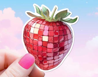 Pegatina de fresa disco, bonita y glamurosa bola de discoteca brillante, bola de espejo roja vibrante, decoración femenina para Kindle, portátil y botella de agua.