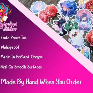 May include: A collection of colourful stickers featuring various designs, including a ghost, a doughnut, a flower, and a cat. The stickers are made with fade-proof ink and are waterproof. They are made by hand in Portland, Oregon and are best used on smooth surfaces. The text "Cypriana Stickers" is visible in the image.