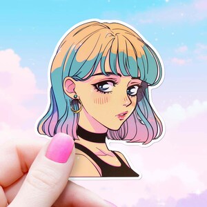 Adesivo grande de menina de anime dos anos 80, decoração fofa de moças de mangá, animação japonesa bishōjo, garrafa de água nostálgica de vinil