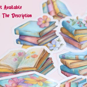 May include: Watercolor stickers featuring stacks of books in pastel colors, adorned with flowers. Some books are open, displaying floral illustrations. The text "Full Set Available Link In The Description" is visible.
