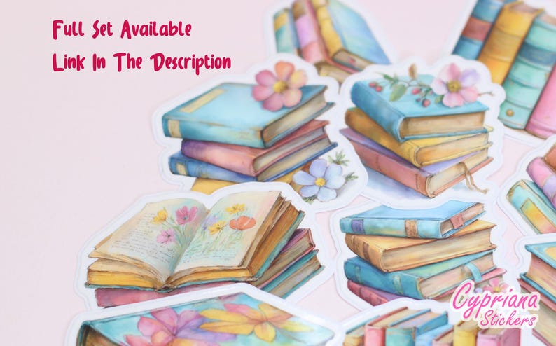 May include: Watercolor stickers featuring stacks of books in pastel colors, adorned with flowers. Some books are open, displaying floral illustrations. The text "Full Set Available Link In The Description" is visible.