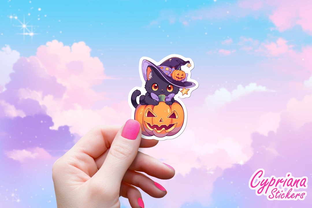Halloween Black Cat Witch Sticker Cute Kawaii Aesthetic Decal Kitty ...