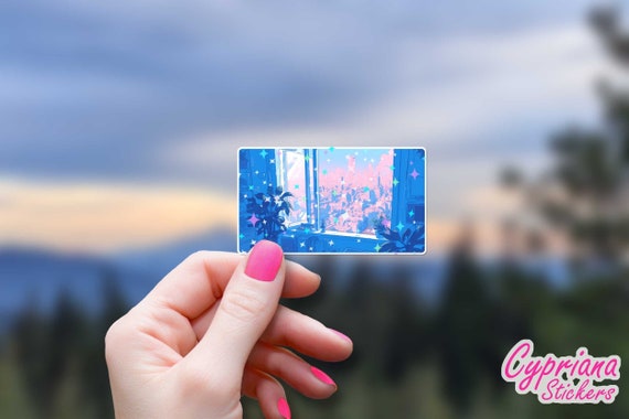 Lo-fi Open Window Plants Sticker Vaporwave Aesthetic Holographic Stars Decal Anime Sparkle Japanese House Plant Dreamy Chill Vibes Cityscape