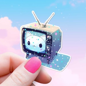 Pegatina de TV retro con gato, antena nostálgica, calcomanía de televisión, gatito divertido, vinilo resistente al agua de la vieja escuela, botella de agua, teléfono móvil, Kindle, diario