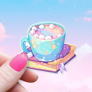Chocolate caliente con malvaviscos y una pegatina de libro, adorable calcomanía de lectura en tonos pastel para ratones de biblioteca, destellos holográficos, chocolate caliente acogedor para introvertidos en Kindle