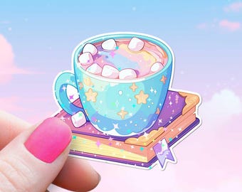 Hot Cocoa With Marshmallows & A Book Sticker, Cute Bookworm Pastel Reading Decal, Holographic Sparkles, Cozy Introvert Hot Chocolate Kindle