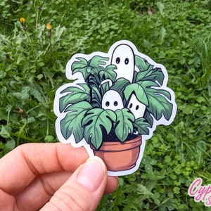 Pegatina de planta fantasma, linda planta de dibujos animados, espíritus de la planta en maceta, amantes de las plantas botánicas, frondosas y divertidas
