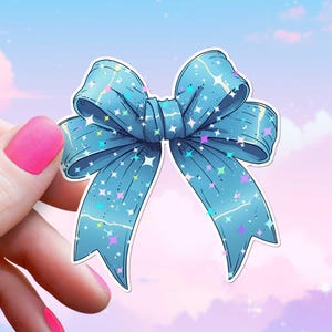 Blauer Schleifenaufkleber, Kokette Cutecore Aufkleber, holographisch funkelt, hübsches elegantes Band, weibliche Schleife, Kindle, Laptop, Wasserflasche
