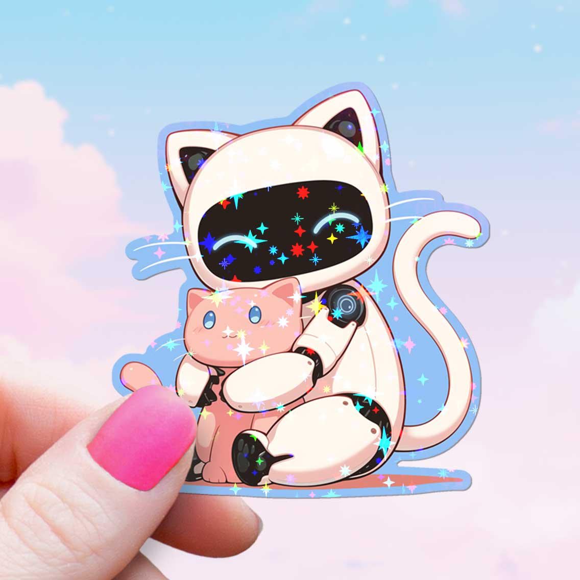 Robot Cat Sticker, Holographic Sparkle Stars, Japanese Anime Style Cute ...