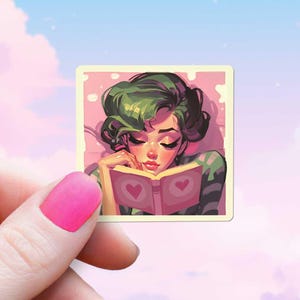 Sticker rétro fille lisant livre d'amour, sticker livresques mignon, style vintage pour Kindle ou ordinateur portable