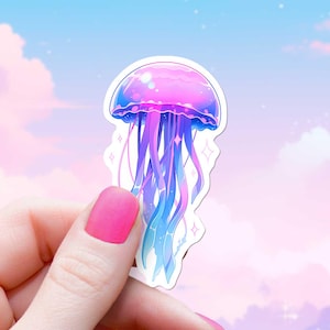 Naklejka Pastel Jellyfish, Fioletowo-Różowo-Niebieska Naklejka, Uroczy Rybny Ocean Decor, Wodoodporny, Do Butelek z Wodą Laptop, Kindle