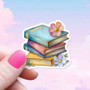 Pastelboek met roze en blauwe bloemsticker, schattige bloemenstickers voor lezers, aquarelstijl voor kindle of laptop