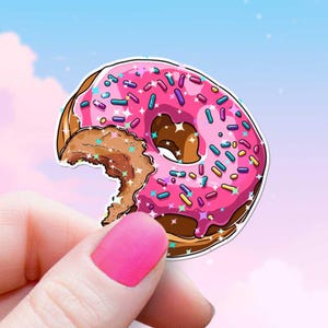 Adesivo de mordida de rosquinha brilhante, glacê rosa, decalque de rosquinha à prova d'água, guloseima engraçada, comida, sobremesa, telefone, laptop, Kindle, garrafa de água