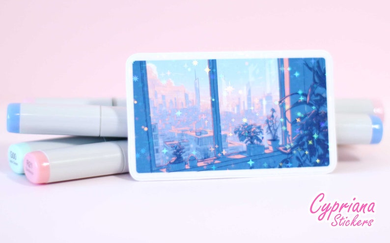 May include: A sticker featuring a city skyline view from a window with a pink and blue color scheme. The sticker has a holographic finish with glitter accents. The sticker is labeled "Cypriana Stickers".