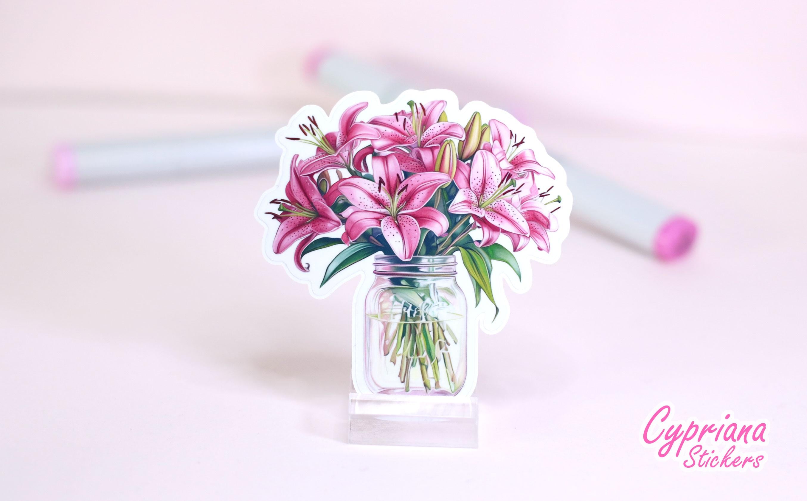Lilies In A Mason Jar Sticker Waterproof Vinyl Laptop Pink Flower Decal Nature Lover Gift for Girl, Water Bottle iPad Sticker, Kindle