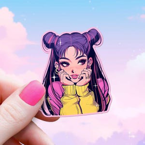 90er Jahre Anime Girl Y2K Aufkleber Retro Süß Manga Lila Haar Dekor Bunt Japanische Animation Wasserflasche Aufkleber Spaß Nostalgischer Vinyl Aufkleber