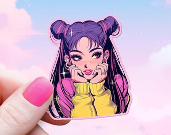90's Anime Girl Y2K Sticker Retro Cute Manga Purple Hair Decor Colorful Japanese Animation Water Bottle Stickers Fun Nostalgic Vinyl Decal