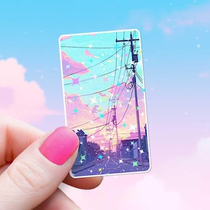 Lo-fi landschap telefoonpalen sticker vaporwave anime esthetische holografische sterren sticker pastel sparkle Japanse animatie dromerige vibes
