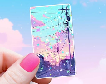 Pegatinas de postes telefónicos con paisajes lo-fi, estética de anime Vaporwave, estrellas holográficas, brillo pastel, animación japonesa, vibraciones de ensueño.