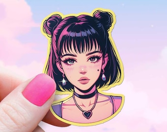 Naklejki Anime Girl Y2K z lat 90. Retro, słodkie, Manga, koki do włosów, dekoracje, kolorowe, japońskie animacje, naklejki na butelki z wodą, zabawne, nostalgiczne, winylowe naklejki