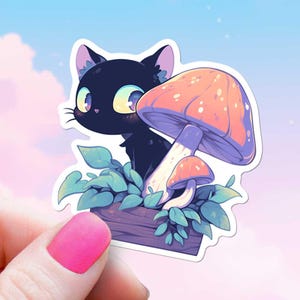 Schwarze Katze, die um einen Pilzaufkleber schaut, niedlicher Kawaii ästhetischer Aufkleber, Kitty-Liebhaber Anime Chibi Feline Art, Wasserflasche Laptop Kindle