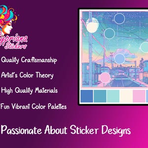 May include: An illustration of a street scene in pastel colors, with a color palette of blues, pinks, and creams. The image includes the text "Cypriana Stickers" and lists qualities such as "Quality Craftsmanship" and "Passionate About Sticker Designs."