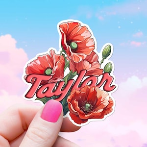 Adesivo personalizado de flor de papoula, mês de aniversário de agosto, decalque de flor botânica, presente para menina, adesivo com nome personalizado