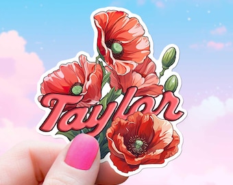 Adesivo personalizzato con fiore di papavero, adesivo per il mese di compleanno di agosto, regalo botanico in fiore per ragazza, adesivo con nome personalizzato