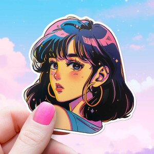 Adesivo grande de anime dos anos 80, decalque de cabelo grande e arcos, decoração fofa de moças de mangá, bishōjo, animação japonesa, garrafa de água nostálgica, vinil