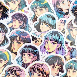 Conjunto de adesivos de anime dos anos 80, conjunto retrô fofo de mangá para moças, pacote de animação japonesa colorida, adesivo para garrafa de água, decalque de vinil divertido e nostálgico