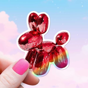 Red Disco Balloon Animal Sticker, Cute Dog Iridescent Shiny Decal, Colorful Rainbow Ruby Disco Ball Kindle Laptop Water Bottle Decor