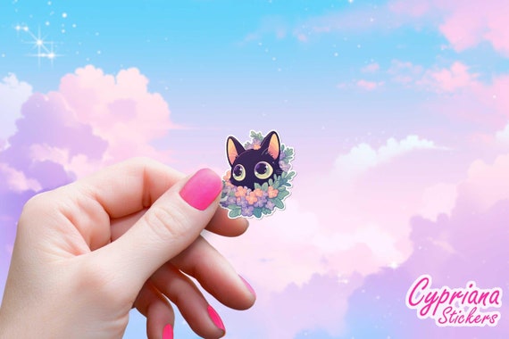 Black Cat Peeking Out of Flowers Sticker, Cute Kawaii Aesthetic Decal, Kitty Lovers Anime Chibi Art, Water Bottle Laptop Kindle, Waterproof