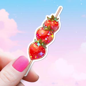 Erdbeeren auf einem Stick Aufkleber, Coquette Cocktail Aufkleber mit holografischen Funkeln, Obst Horderves Niedliche feminine Kindle Laptop Wasserflasche